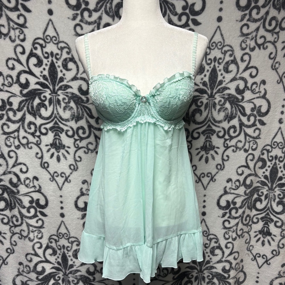 VTG Seductivewear Cinema Etoile Mint Green Lace Babydoll Chemise Lingerie Medium